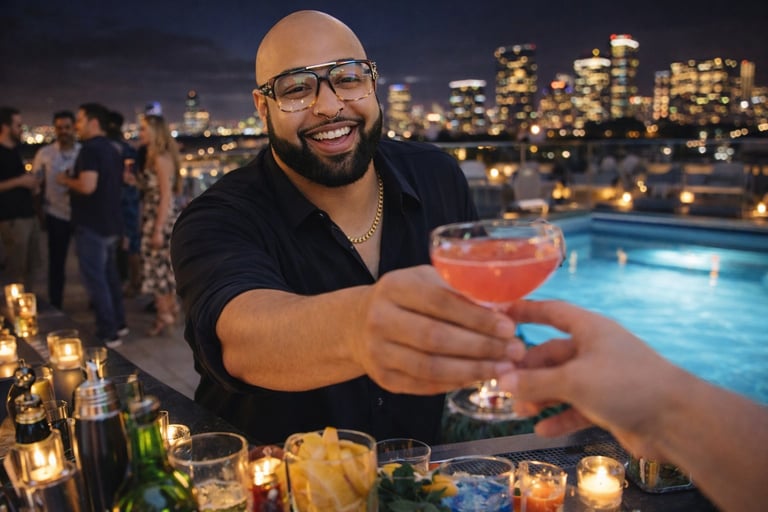 Man in glasses smiling while offering a coral-colored cocktail at a rooftop party with a glowing city skyline and illuminated pool in the background