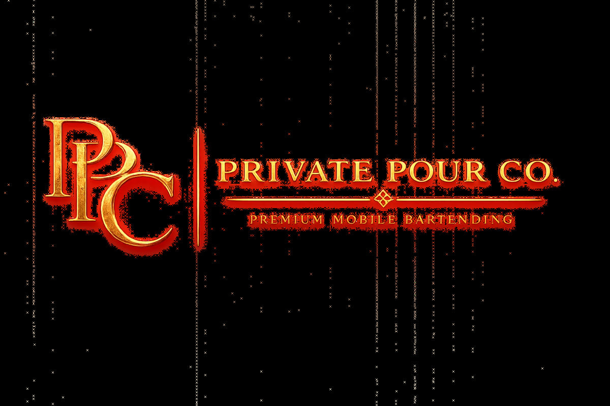 Private Pour Co. premium mobile bartending logo with red and gold lettering on black background with decorative pattern